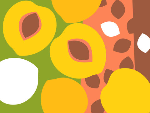 Abstract fruit design in flat cut out style. Peaches and peach pits. Vector illustration.