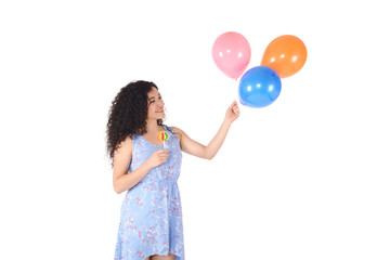 Beautiful Woman with sweet lollipop and baloons.
