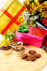 Close up of Chocolate brownie and cookei and Christmas decoration backgrounds