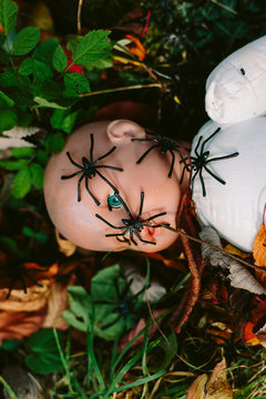 Child's doll lying on the ground with spiders crawling over it. 