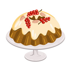 Christmas cake with berries and nuts on dish, traditional sweet bread glazed with sugar icing and decorated with red currant and almonds, isolated on white background, holiday dinner cartoon vector. 