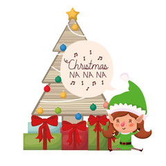 elf woman with christmas tree and gifts