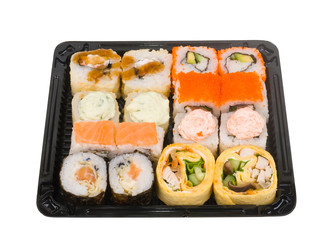 assorti sushi set in plastic box isolated on white background