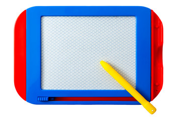 Kids educational toys concept with a blue and red toy magnetic drawing board or pad with a yellow...
