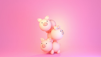 3d rendering picture of cute pigs on pink background.