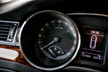 Car interior, New Car Dashboard Car gear shifter Car panel instrument speedometer and tachometer