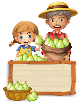 Farmer with pear on wooden banner