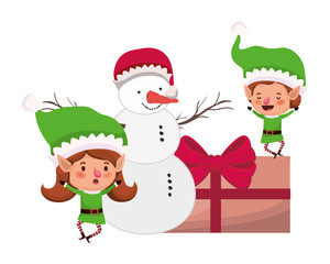 couple of elves with gift box and snowman