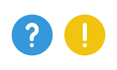 blue question mark and yellow exclamation point, round vector signs - obrazy, fototapety, plakaty