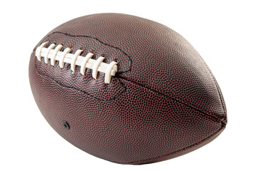 American football and US sports concept with a generic leather ball without any brands on it and visible laces isolated on white with a clip path cutout