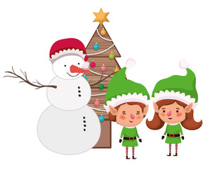 couple of elves with snowman and christmas tree