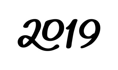 Happy New Year. Black number 2019 hand drawn lettering on white background. Vector illustration
