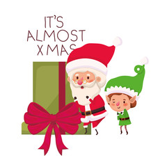 santa claus and elf with gift box