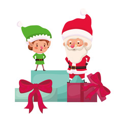 Fototapeta na wymiar santa claus and elf with gifts boxs