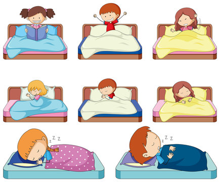 Set of doodle kids in bed