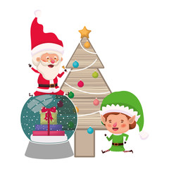 santa claus and elf with christmas tree