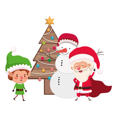 santa claus and elf with christmas tree and snowman
