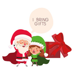 santa claus and elf woman with gift box