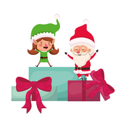santa claus and elf woman with gifts boxs