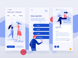 People work and interacting with graphs, shapes and devices. Data analysis and office situations. Flat vector illustration. Mobile application template.
