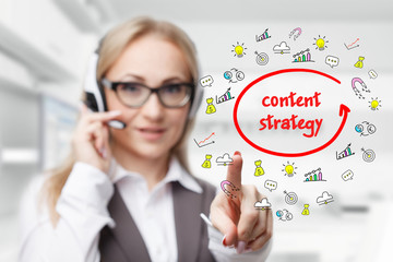 Technology, internet, business and marketing. Young business woman writing word: Content strategy