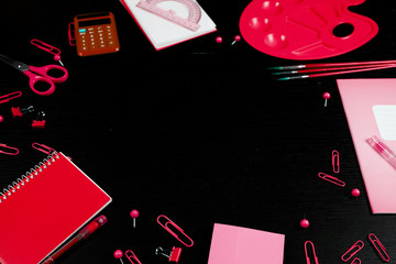 School and office supplies on office table. Male or boyish still life on the topic of school, study, office work.