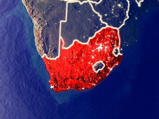 South Africa from space on Earth at night. Very fine detail of the plastic planet surface with bright city lights.