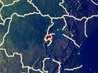 Rwanda from space on Earth at night. Very fine detail of the plastic planet surface with bright city lights.