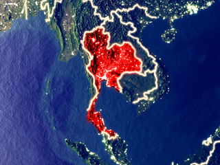 Thailand from space on Earth at night. Very fine detail of the plastic planet surface with bright city lights.