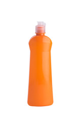 orange bottle with cleaning liquid, close-up, on white background
