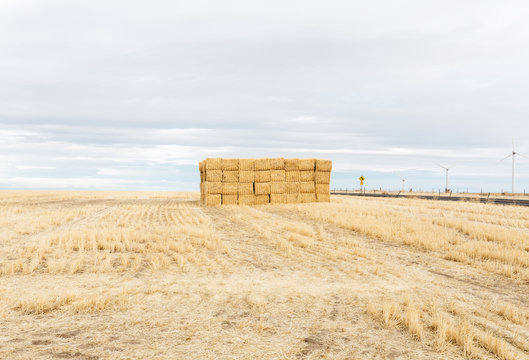 Simple minimal stack of hay bails in field