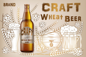 Craft wheat beer ads design. Realistic malt bottle beer isolated on retro background with ingredients wheats, hops and barrel. Vector 3d illustration
