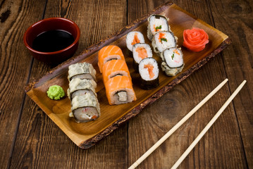 sushi on wooden table