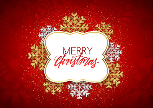 Merry Christmas decorative frame glitter snowflakes postcard, vector illustration