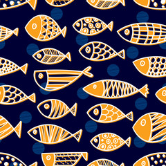 Cute line fish. Vector seamless pattern.