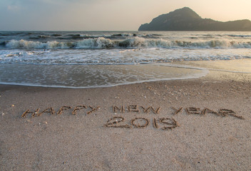 Happy New Year 2019,written in sand write on tropical beach with wave