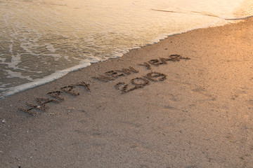 Happy New Year 2019,written in sand write on tropical beach with wave