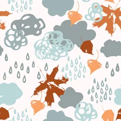 Fototapete Cool watercolour rainy clouds, raindrops, falling leaves background. © Tanya Syrytsyna