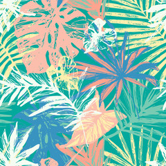 Hand drawn grunge textured tropical leaves seamless pattern.