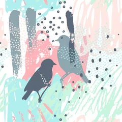 Papier Peint photo Impressions graphiques Illustration vectorielle moderne avec des feuilles en pointillés, paire d& 39 oiseaux silhouette, scrabbles, textures grunge, coups de pinceau rugueux, griffonnages.