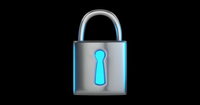 Motion graphics 3d rendering of Cybersecurity technology concept of the metal lock with a blue light in a hole of a key, spin on a black background with alpha channel section in the end.