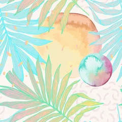 Poster Palmblad in lijn kunststijl met water kleur vlekken naadloze patroon. © Tanya Syrytsyna