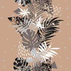 Foto op Plexiglas Kunst illustratie met tropische bladeren, grunge, marmering texturen, doodles, geometrische, minimale elementen. © Tanya Syrytsyna