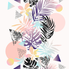Modern illustration with tropical leaves, palm tree, marble, grunge textures, doodles, geometric, minimal elements.