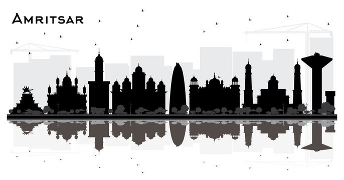 Amritsar India City Skyline Silhouette with Black Buildings Isolated on White.