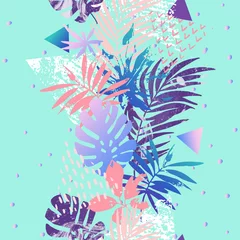 Papier Peint photo Impressions graphiques Illustration moderne avec des feuilles tropicales, grunge, textures marbrées, griffonnages, éléments géométriques et minimaux.
