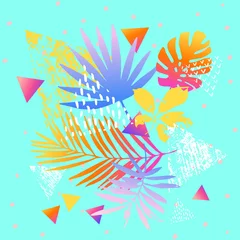 Zelfklevend Fotobehang Moderne illustratie met tropische bladeren, marmering texturen, doodles, geometrische, minimale elementen. © Tanya Syrytsyna