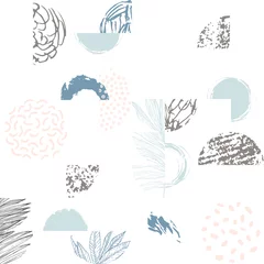 Wandcirkels tuinposter Moderne illustratie met zeer fijne tekeningen van tropische bladeren, grunge texturen, doodles, geometrische elementen. © Tanya Syrytsyna
