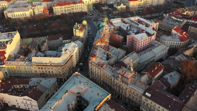 Aerial view of the historical center of Lviv. Shooting with drone