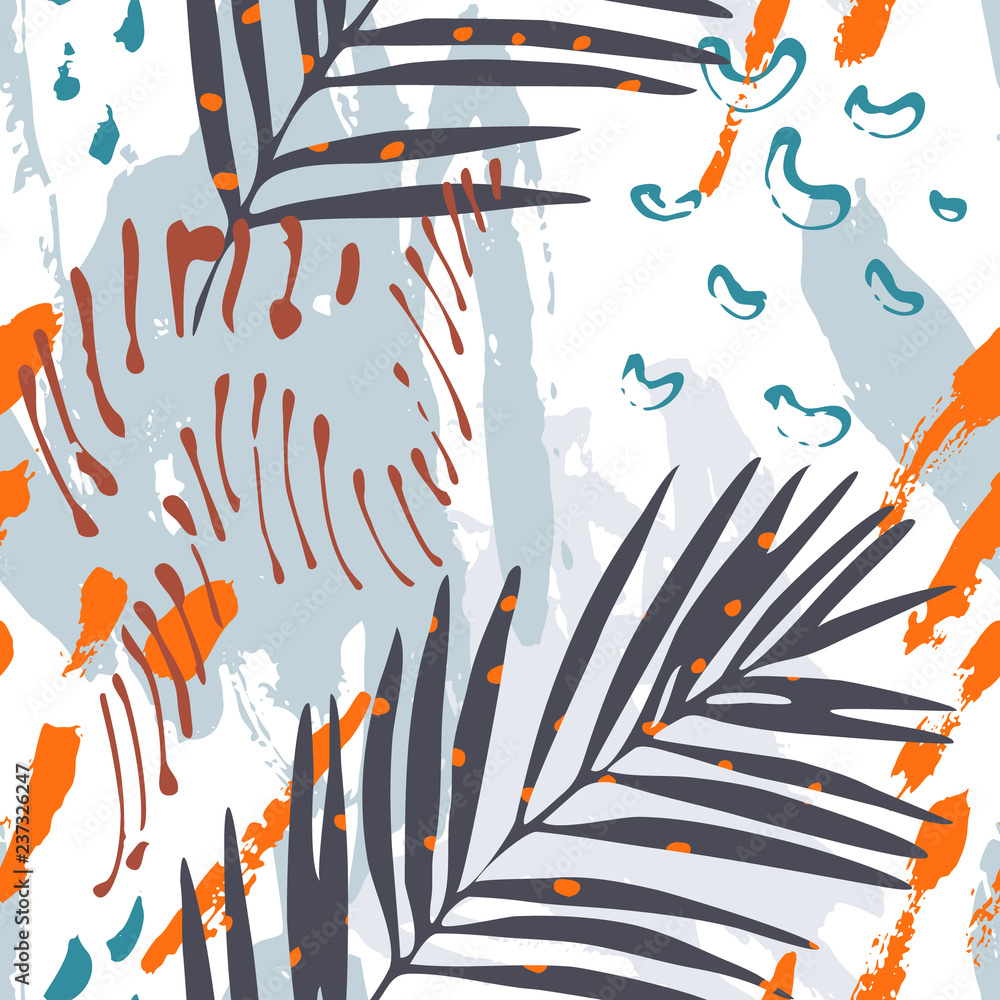 Poster Modern art illustration with tropical leaves, grunge, marbling textures, doodles, geometric, minimal elements.